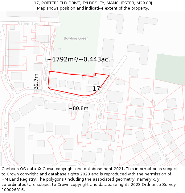 17, PORTERFIELD DRIVE, TYLDESLEY, MANCHESTER, M29 8RJ: Plot and title map