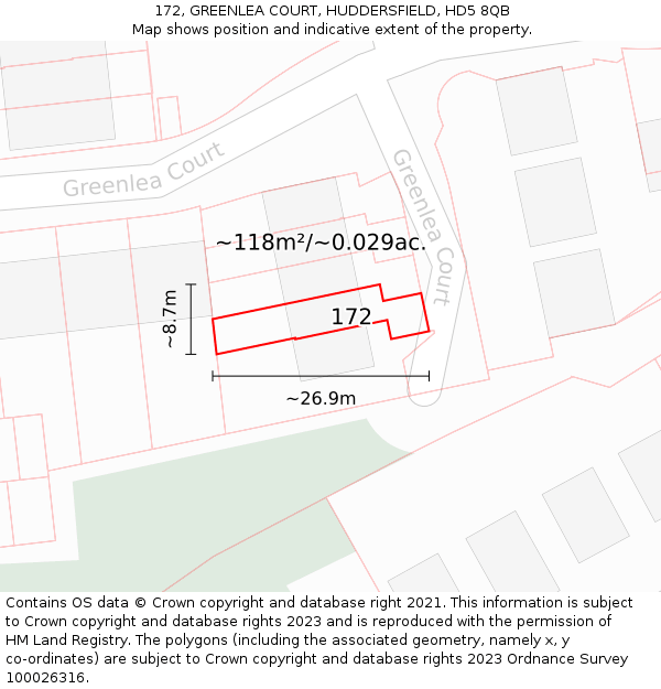 172, GREENLEA COURT, HUDDERSFIELD, HD5 8QB: Plot and title map