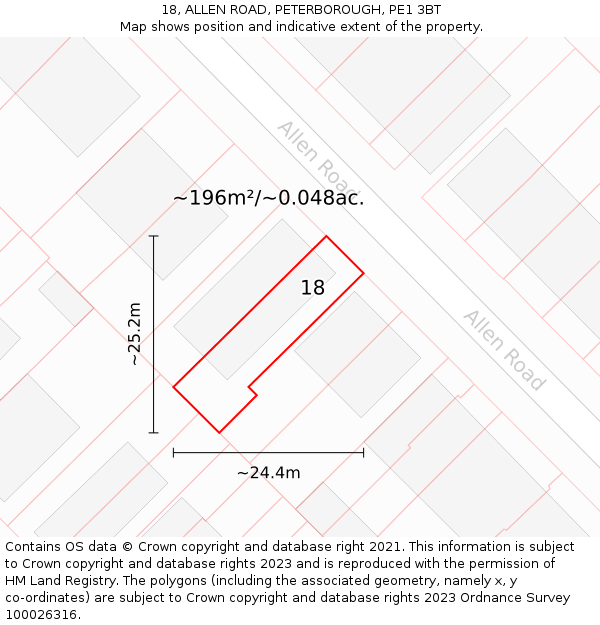 18, ALLEN ROAD, PETERBOROUGH, PE1 3BT: Plot and title map