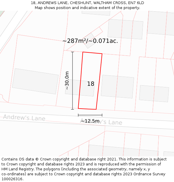 18, ANDREWS LANE, CHESHUNT, WALTHAM CROSS, EN7 6LD: Plot and title map