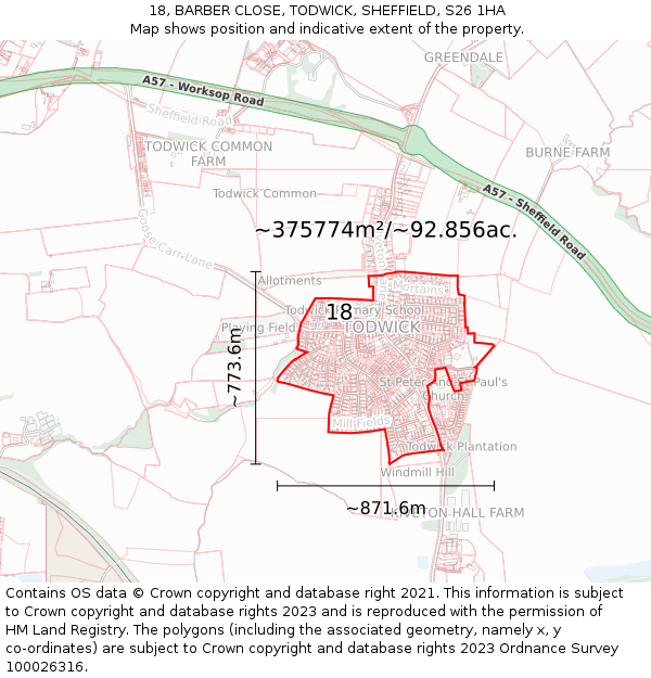 18, BARBER CLOSE, TODWICK, SHEFFIELD, S26 1HA: Plot and title map