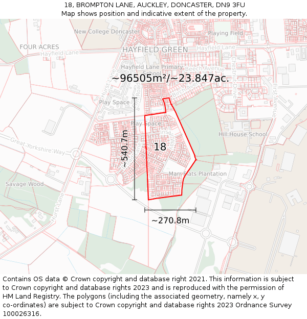 18, BROMPTON LANE, AUCKLEY, DONCASTER, DN9 3FU: Plot and title map