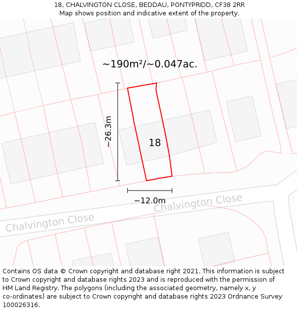 18, CHALVINGTON CLOSE, BEDDAU, PONTYPRIDD, CF38 2RR: Plot and title map