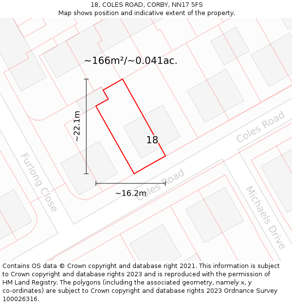 18, COLES ROAD, CORBY, NN17 5FS: Plot and title map