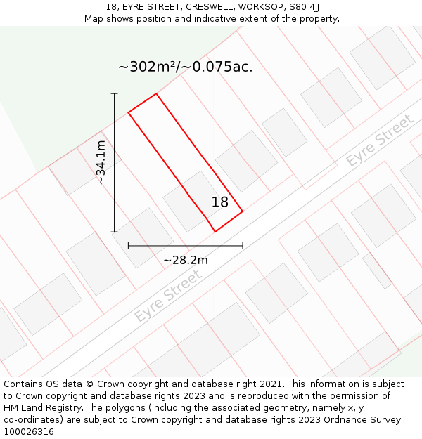 18, EYRE STREET, CRESWELL, WORKSOP, S80 4JJ: Plot and title map