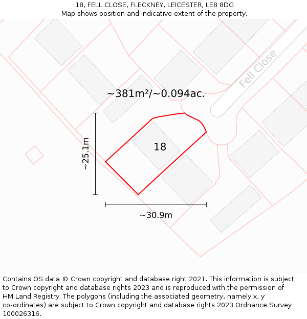 18, FELL CLOSE, FLECKNEY, LEICESTER, LE8 8DG: Plot and title map