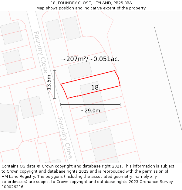 18, FOUNDRY CLOSE, LEYLAND, PR25 3RA: Plot and title map