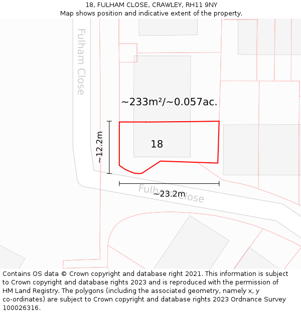 18, FULHAM CLOSE, CRAWLEY, RH11 9NY: Plot and title map
