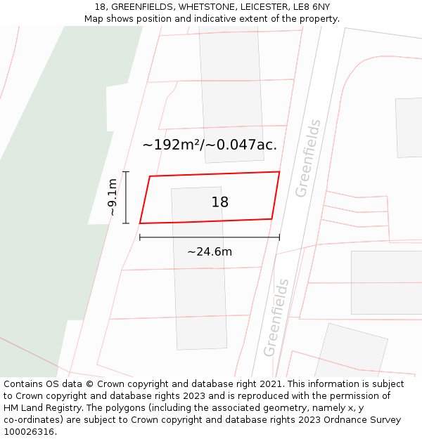 18, GREENFIELDS, WHETSTONE, LEICESTER, LE8 6NY: Plot and title map