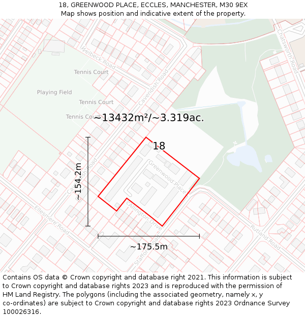 18, GREENWOOD PLACE, ECCLES, MANCHESTER, M30 9EX: Plot and title map