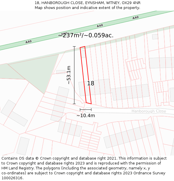 18, HANBOROUGH CLOSE, EYNSHAM, WITNEY, OX29 4NR: Plot and title map