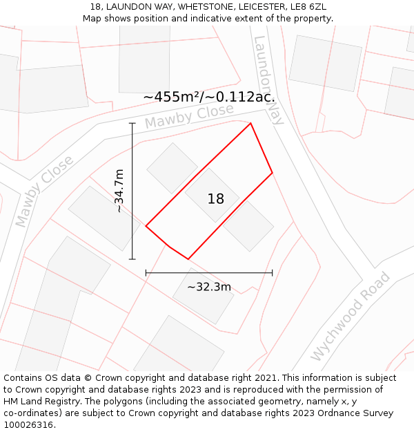18, LAUNDON WAY, WHETSTONE, LEICESTER, LE8 6ZL: Plot and title map