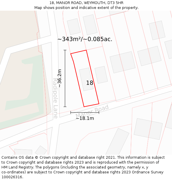 18, MANOR ROAD, WEYMOUTH, DT3 5HR: Plot and title map