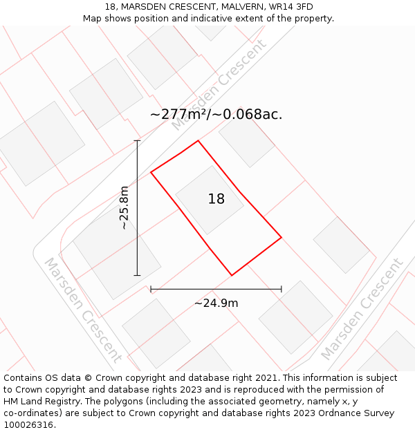 18, MARSDEN CRESCENT, MALVERN, WR14 3FD: Plot and title map