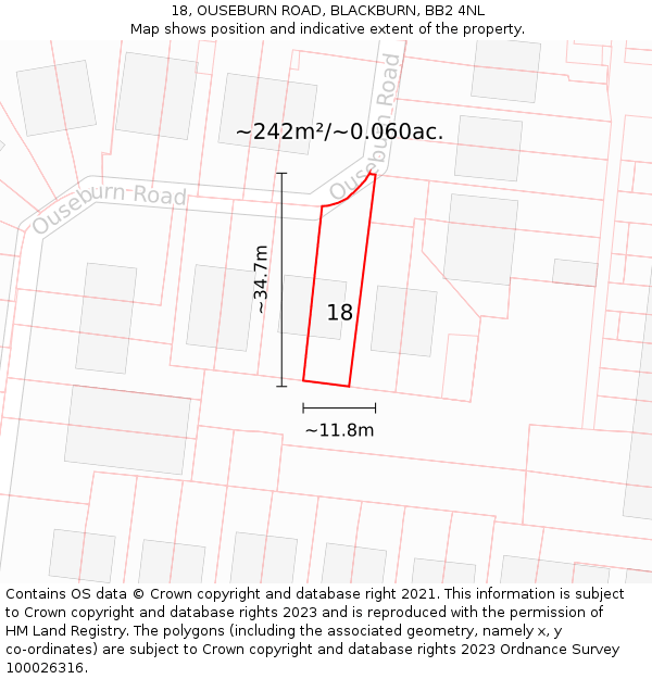 18, OUSEBURN ROAD, BLACKBURN, BB2 4NL: Plot and title map
