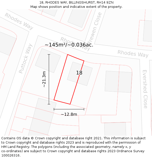 18, RHODES WAY, BILLINGSHURST, RH14 9ZN: Plot and title map