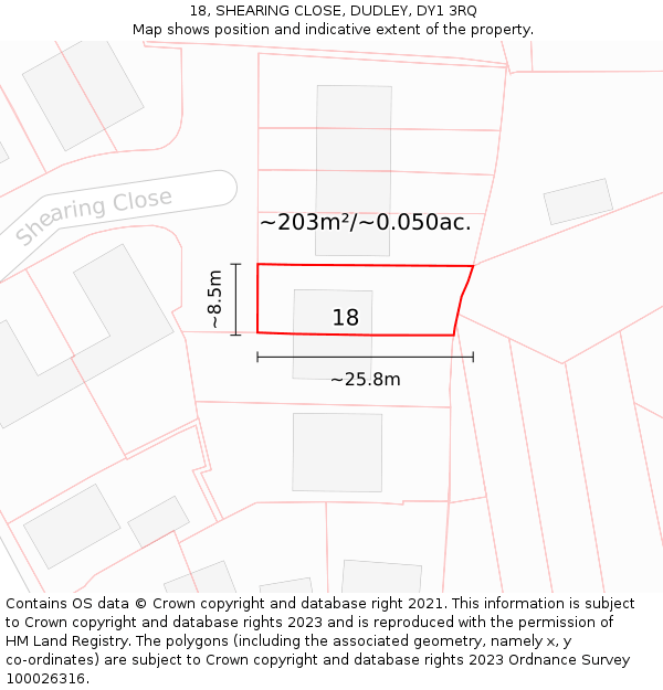 18, SHEARING CLOSE, DUDLEY, DY1 3RQ: Plot and title map