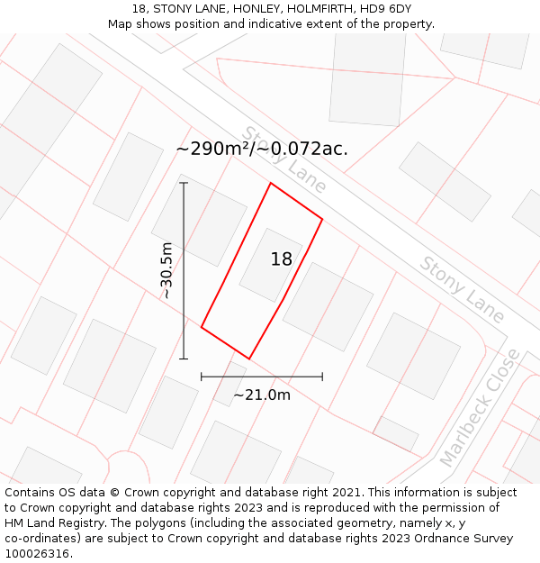 18, STONY LANE, HONLEY, HOLMFIRTH, HD9 6DY: Plot and title map