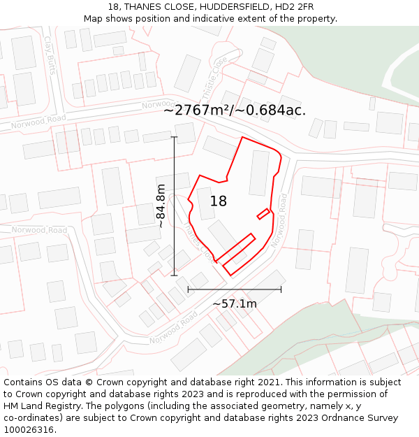 18, THANES CLOSE, HUDDERSFIELD, HD2 2FR: Plot and title map