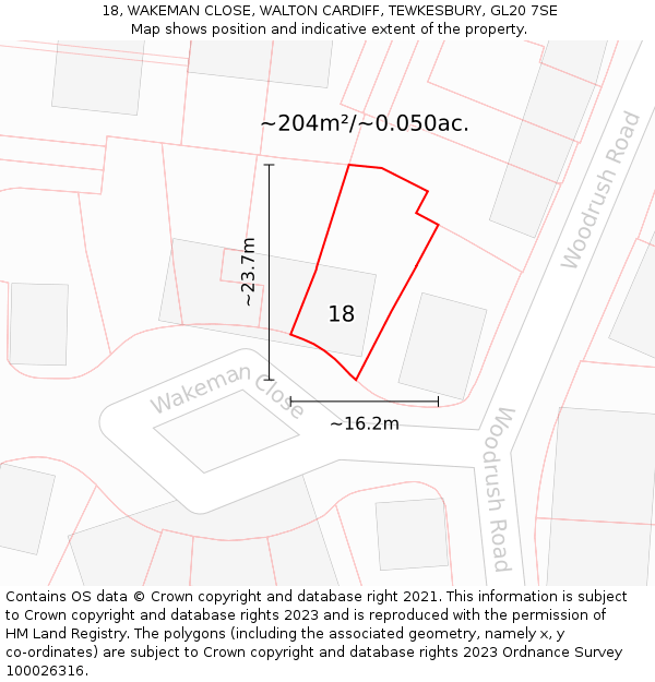 18, WAKEMAN CLOSE, WALTON CARDIFF, TEWKESBURY, GL20 7SE: Plot and title map