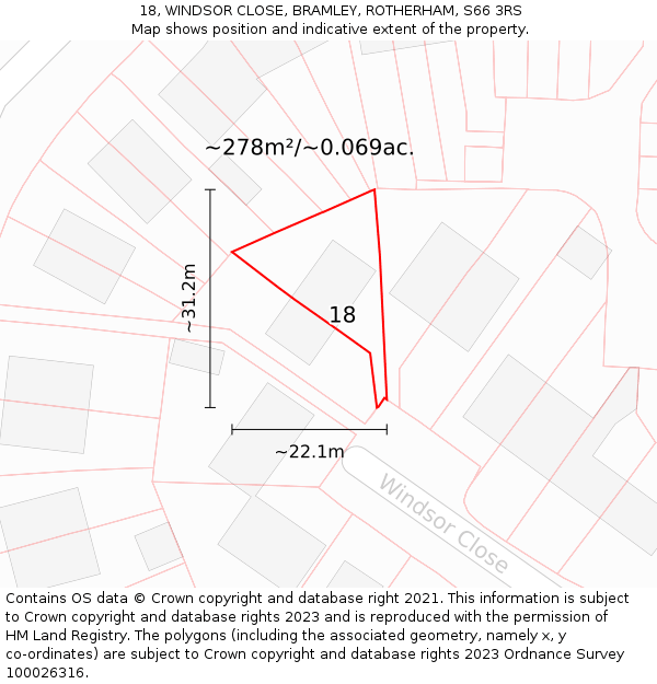 18, WINDSOR CLOSE, BRAMLEY, ROTHERHAM, S66 3RS: Plot and title map