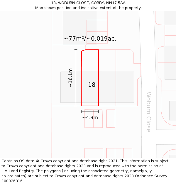18, WOBURN CLOSE, CORBY, NN17 5AA: Plot and title map