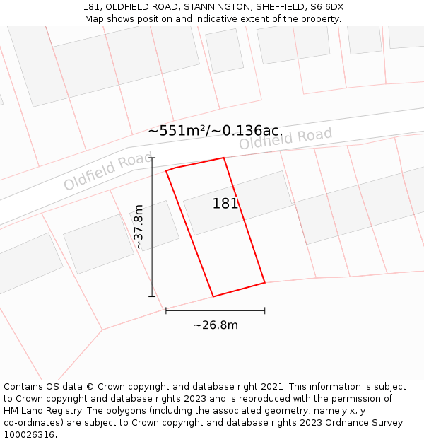 181, OLDFIELD ROAD, STANNINGTON, SHEFFIELD, S6 6DX: Plot and title map