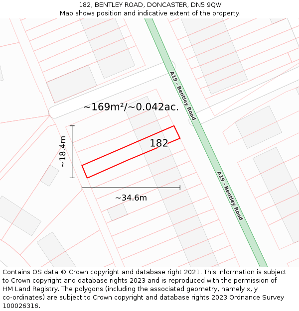 182, BENTLEY ROAD, DONCASTER, DN5 9QW: Plot and title map