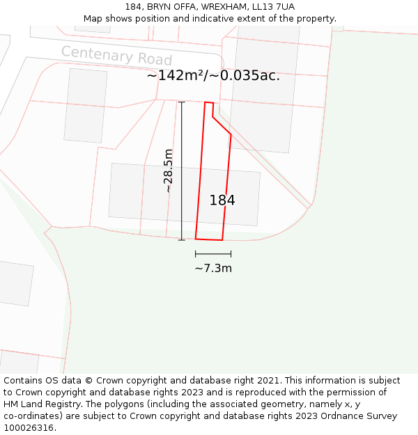 184, BRYN OFFA, WREXHAM, LL13 7UA: Plot and title map
