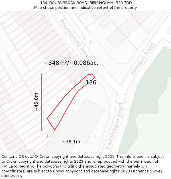 186, BOURNBROOK ROAD, BIRMINGHAM, B29 7DD: Plot and title map