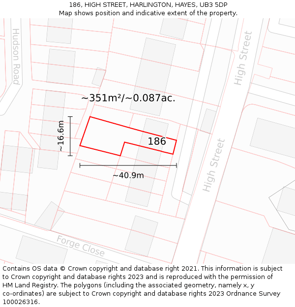 186, HIGH STREET, HARLINGTON, HAYES, UB3 5DP: Plot and title map