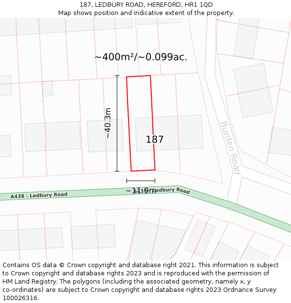 187, LEDBURY ROAD, HEREFORD, HR1 1QD: Plot and title map