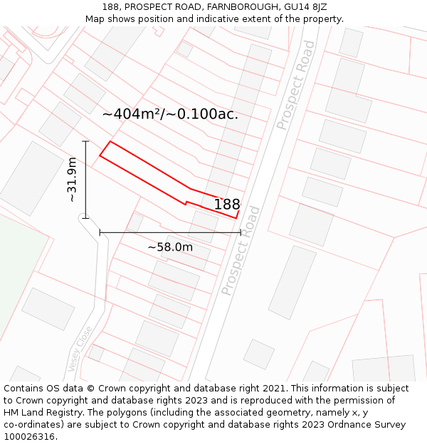 188, PROSPECT ROAD, FARNBOROUGH, GU14 8JZ: Plot and title map