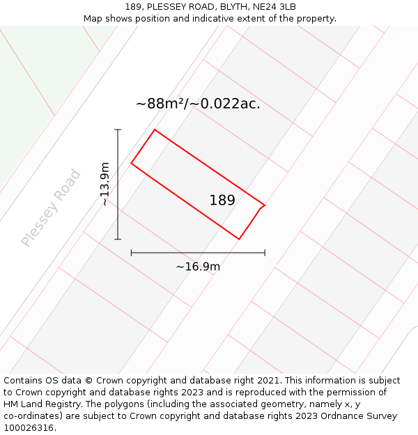 189, PLESSEY ROAD, BLYTH, NE24 3LB: Plot and title map
