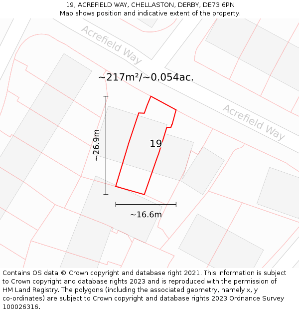 19, ACREFIELD WAY, CHELLASTON, DERBY, DE73 6PN: Plot and title map