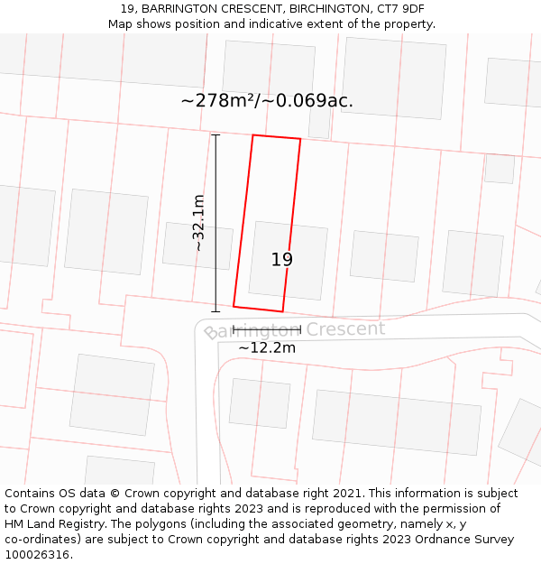 19, BARRINGTON CRESCENT, BIRCHINGTON, CT7 9DF: Plot and title map