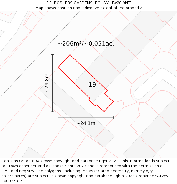 19, BOSHERS GARDENS, EGHAM, TW20 9NZ: Plot and title map