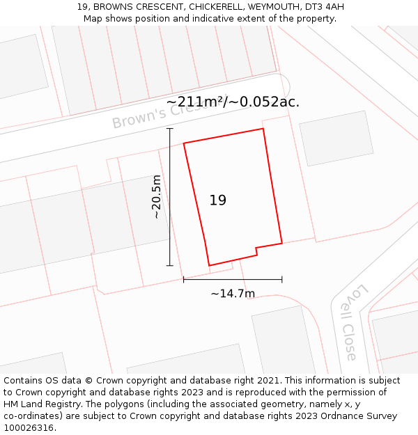 19, BROWNS CRESCENT, CHICKERELL, WEYMOUTH, DT3 4AH: Plot and title map