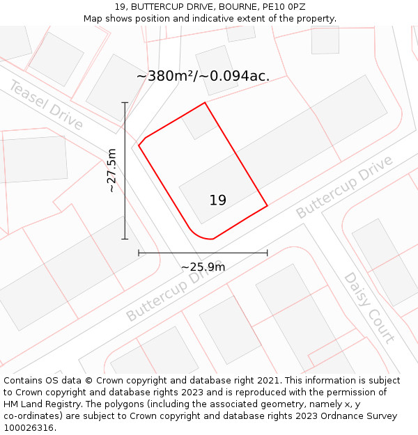 19, BUTTERCUP DRIVE, BOURNE, PE10 0PZ: Plot and title map