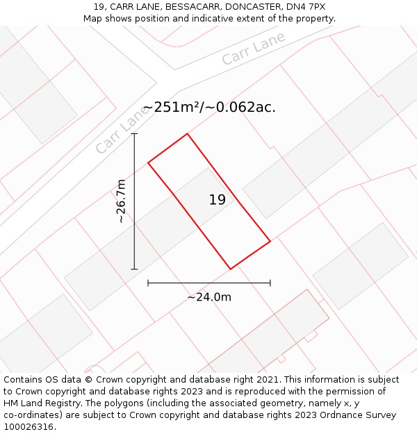 19, CARR LANE, BESSACARR, DONCASTER, DN4 7PX: Plot and title map