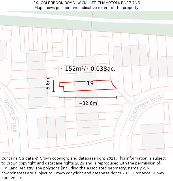 19, COLEBROOK ROAD, WICK, LITTLEHAMPTON, BN17 7NS: Plot and title map