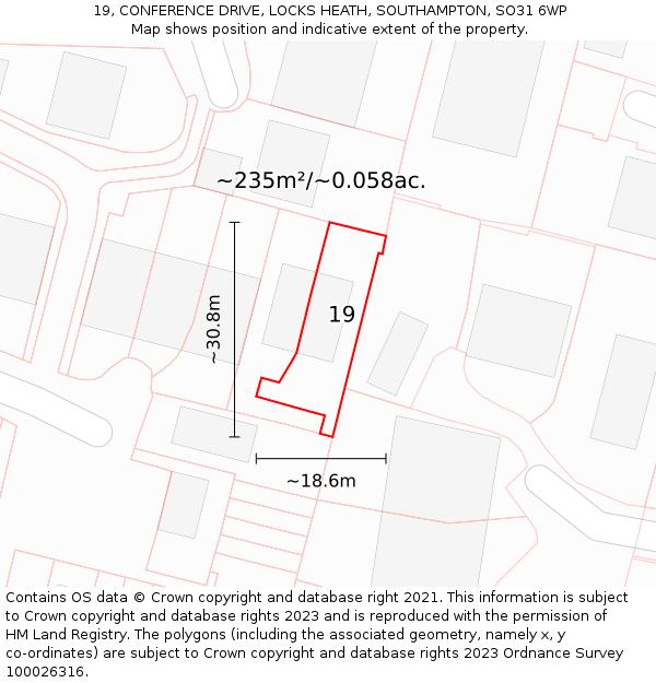 19, CONFERENCE DRIVE, LOCKS HEATH, SOUTHAMPTON, SO31 6WP: Plot and title map