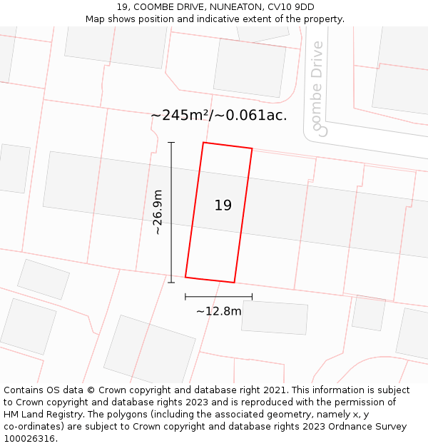 19, COOMBE DRIVE, NUNEATON, CV10 9DD: Plot and title map