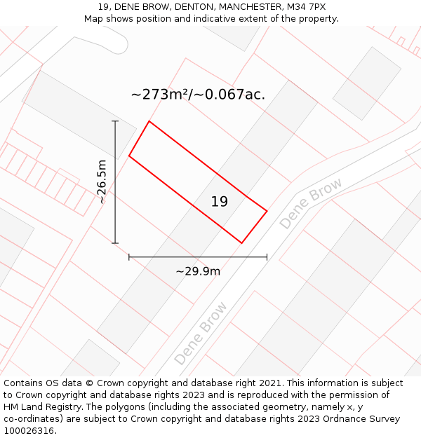 19, DENE BROW, DENTON, MANCHESTER, M34 7PX: Plot and title map