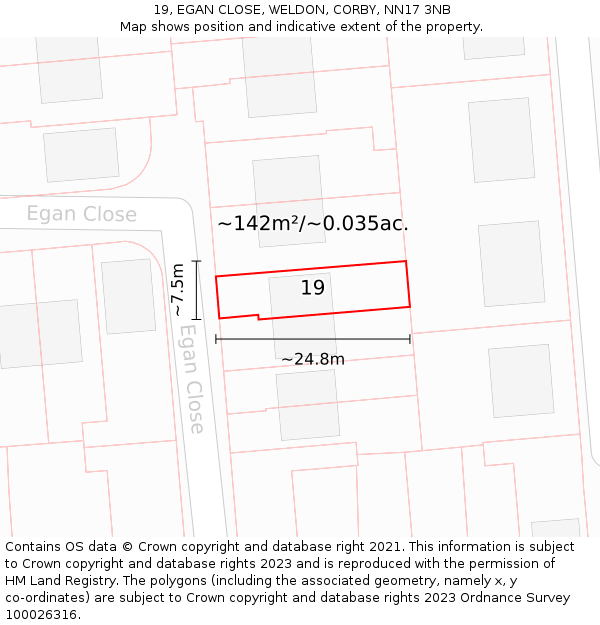 19, EGAN CLOSE, WELDON, CORBY, NN17 3NB: Plot and title map