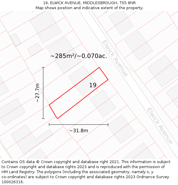 19, ELWICK AVENUE, MIDDLESBROUGH, TS5 8NR: Plot and title map
