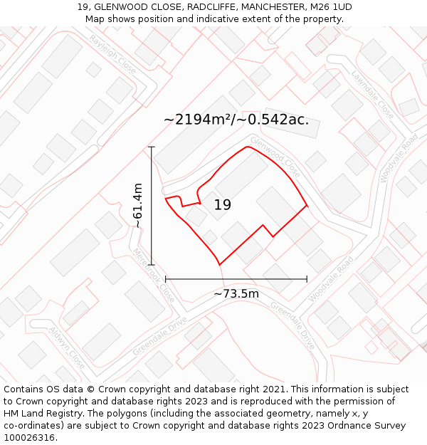 19, GLENWOOD CLOSE, RADCLIFFE, MANCHESTER, M26 1UD: Plot and title map
