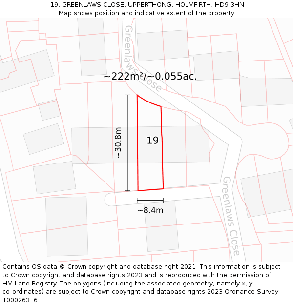 19, GREENLAWS CLOSE, UPPERTHONG, HOLMFIRTH, HD9 3HN: Plot and title map