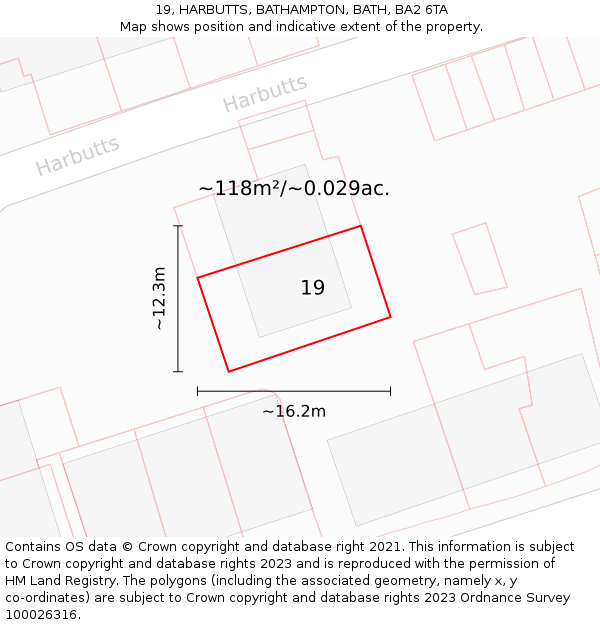 19, HARBUTTS, BATHAMPTON, BATH, BA2 6TA: Plot and title map