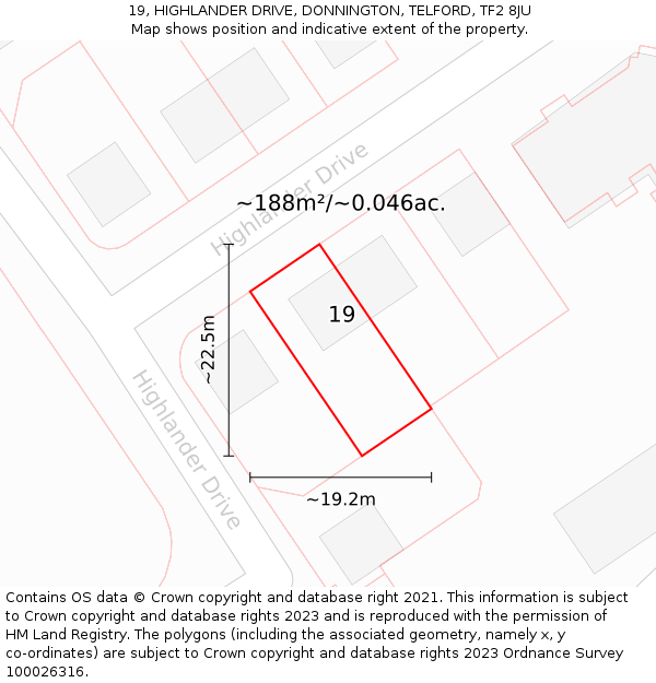 19, HIGHLANDER DRIVE, DONNINGTON, TELFORD, TF2 8JU: Plot and title map